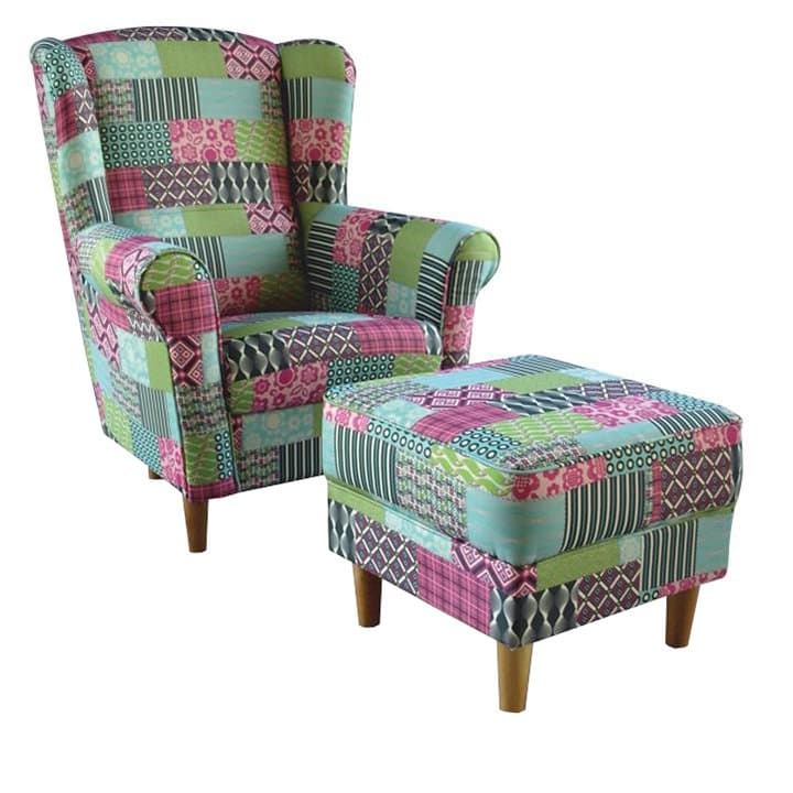 Astrid füles fotel + puff – patchwork M1 szövet
